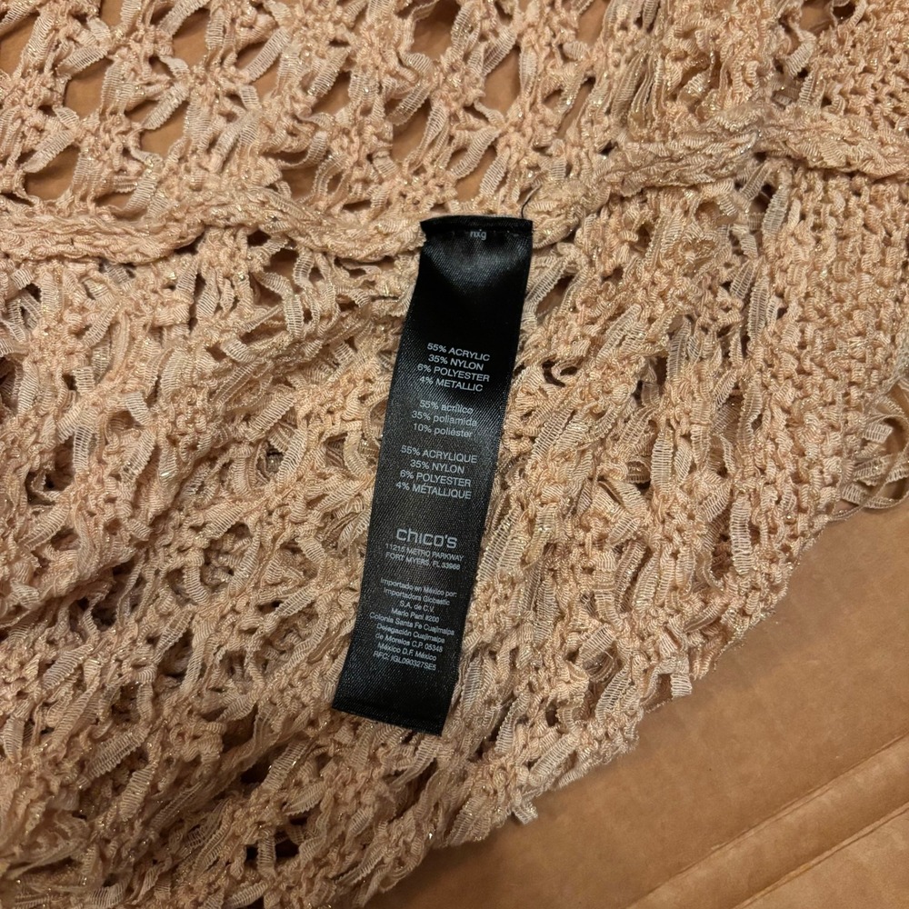 Chico's Travelers Metallic Crochet Fringe Open Front Cardigan Peach Sz 0 S - Picture 4 of 5